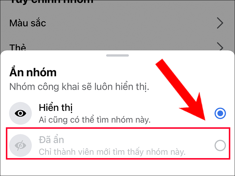 Chọn Đã ẩn để hoàn tất ẩn nhóm khỏi tìm kiếm của Facebook