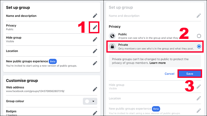 Bạn chỉnh sửa quyền riêng tư của nhóm từ “Công khai