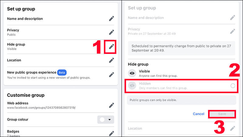 Bạn thực hiện ẩn nhóm bằng cách chọn Ẩn (Hide) và nhấn Save