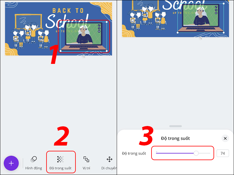 Giảm độ trong suốt ảnh trên Canva điện thoại