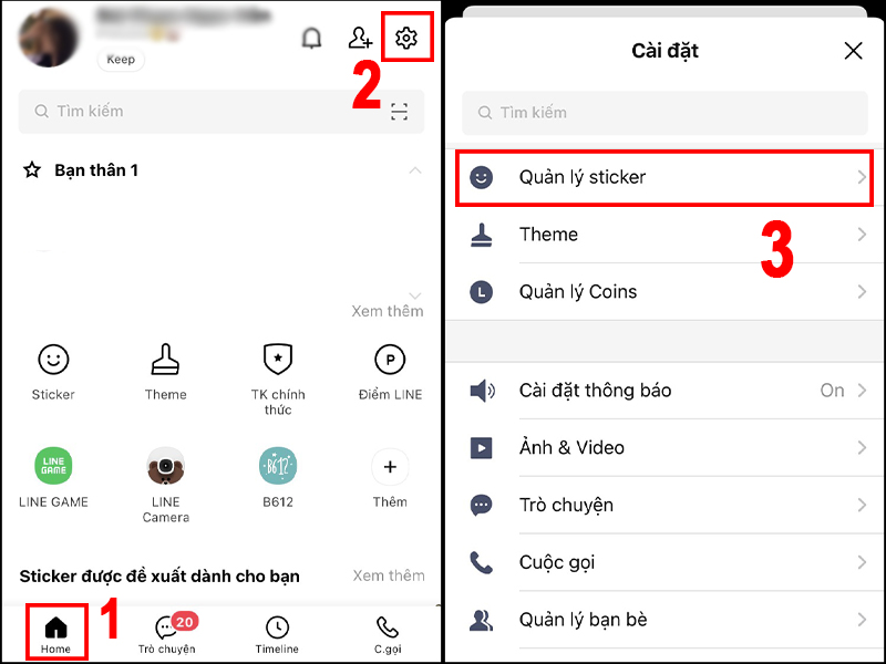 Tại Trang chủ của ứng dụng Line bạn vào phần Cài đặt và chọn Quản lý sticker