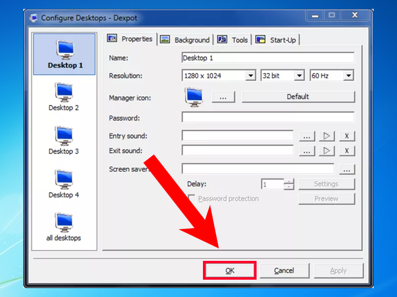Bạn tiến hành thiết lập các Desktop theo ý muốn của mình