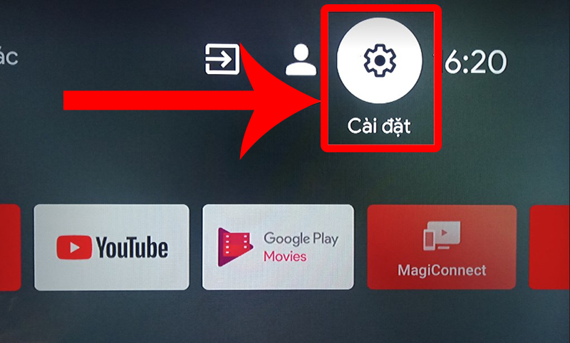 Chọn biểu tượng Cài đặt trên màn hình tivi
