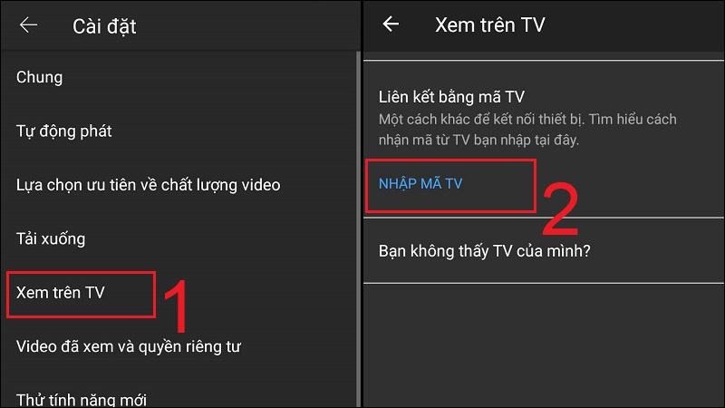 Chọn mục Nhập mã TV trong mục Xem trên TV