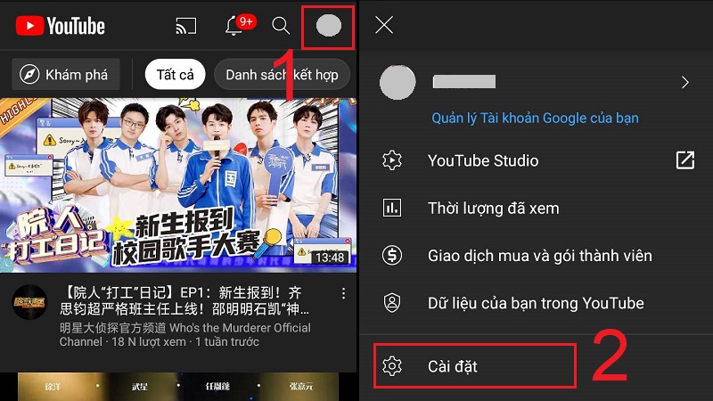 Vào Cài đặt trong tài khoản Youtube trên điện thoại