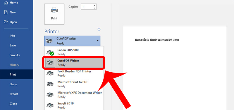 Chuyển sang máy in ảo CutePDF Writer