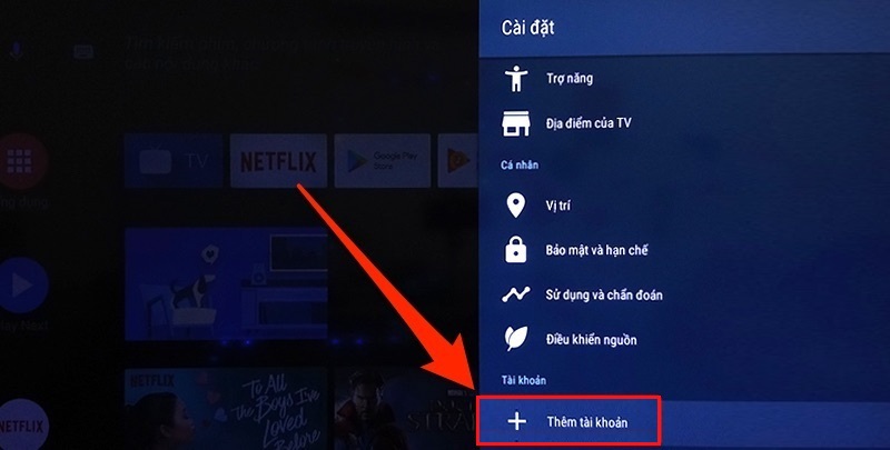 Chọn mục Thêm tài khoản trong mục Cài đặt