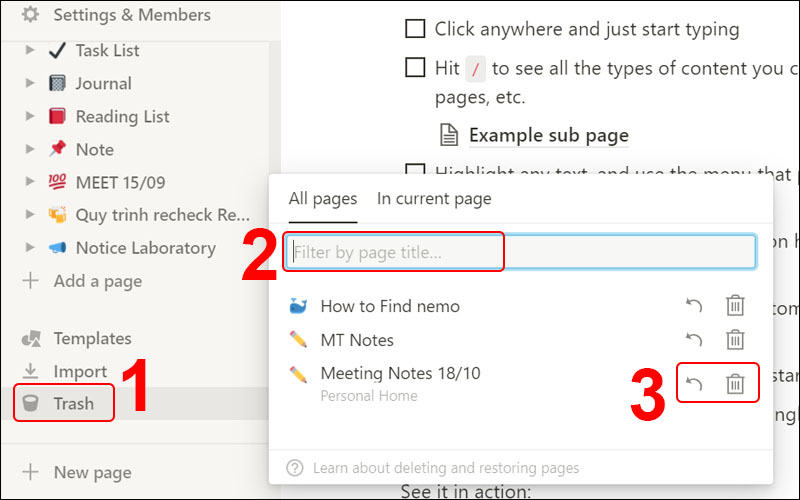 Tìm, xem lại các trang đã xóa trong mục Trash