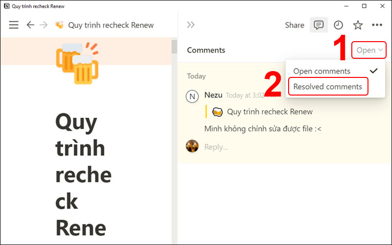 Chọn Resolved comments để xem lại các bình luận đã xử lý