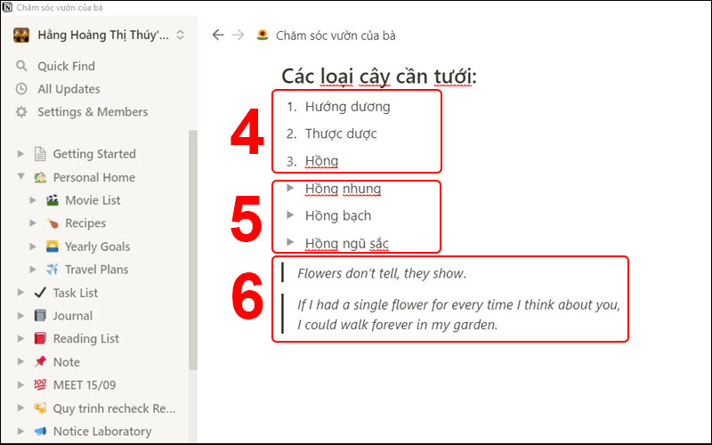 Định dạng Numbered list, Toggle list và Quote