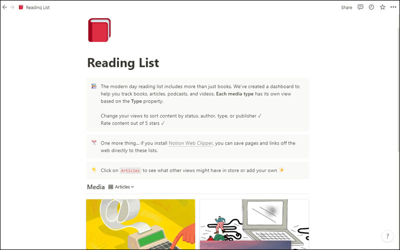 Template Reading List trong Notion