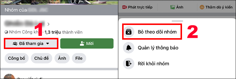 Bạn chọn vào mục Đã tham gia > Ấn chọn Bỏ theo dõi nhóm