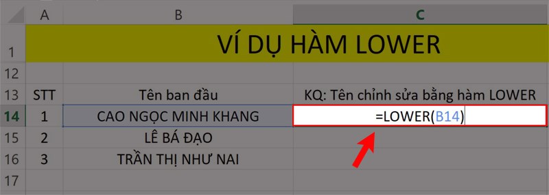 Ví dụ minh họa hàm LOWER chuyển đổi chữ viết hoa.