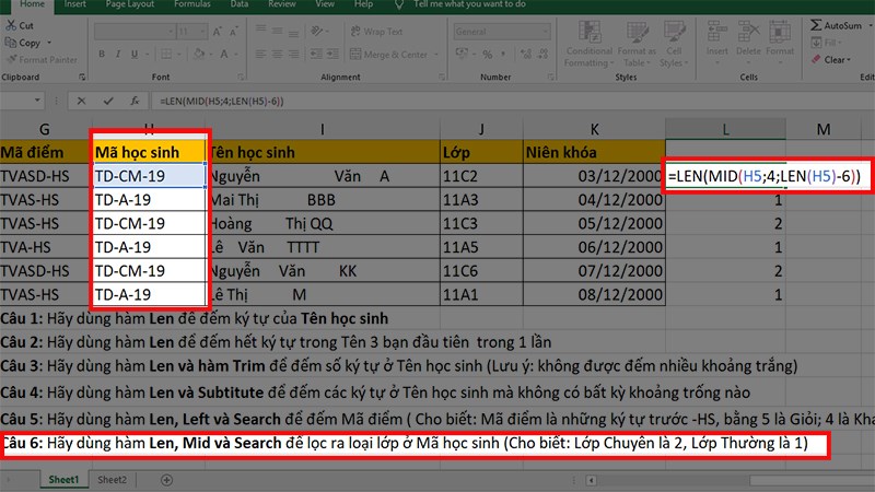 Chọn ô bất kỳ và nhập công thức =LEN(MID(H5;4;LEN(H5)-6))