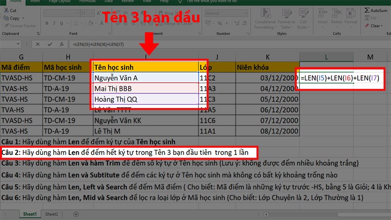 Chọn ô dữ liệu bất kỳ và nhập công thức =Len(Text)+Len(Text)+Len(Text)