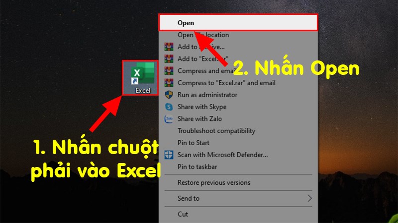 Nhấn chuột phải vào Excel > Chọn Open