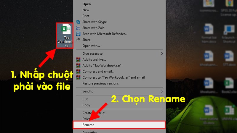 Nhấn chuột phải vào file Excel cần đổi tên > Chọn Rename và đổi tên