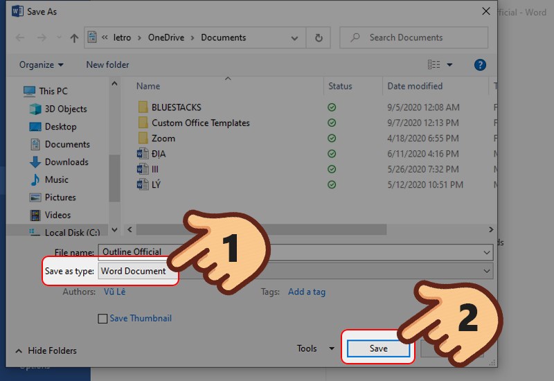 Chọn Save As và lưu lại tài liệu dưới định dạng .doc hoặc .docx