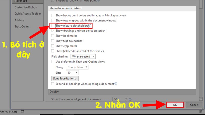 Đến phần Show document content > Bỏ tích ở chỗ Show picture placehoders > Nhấn OK để hiển thị hình ảnh trở lại trong Word