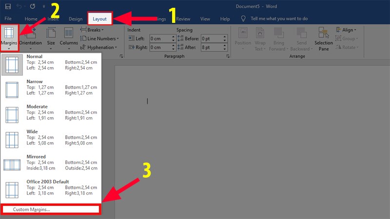 Vào thẻ Layout > Mục Page Setup > Chọn Margins > Chọn Custom Margins..