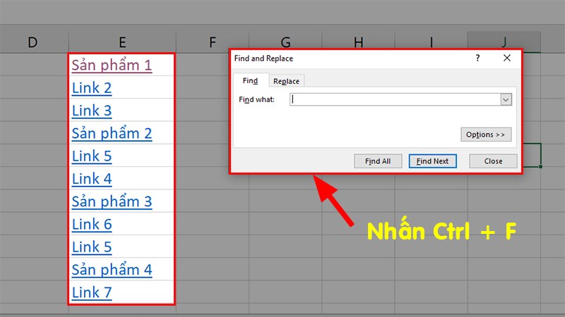 Mở file Excel có chứa Hyperlink cần xóa > Nhấn tổ hợp phím Ctrl + F để mở hộp thoại Find
