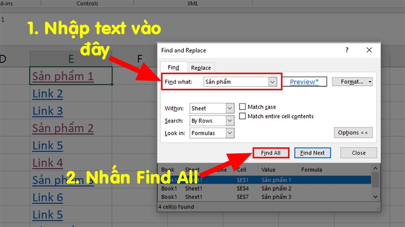 Ở phần Find what > Nhập tên của text muốn tìm (ở đây là Sản phẩm) > Nhấn Find All