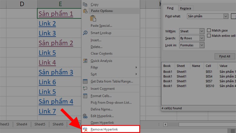 Nhấn chuột phải vào ô chứa Hyperlink > Chọn Remove Hyperlink để xóa