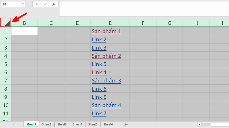 Mở file Excel > Nhấn tổ hợp phím Ctrl + A hoặc click vào biểu tượng hình tam giác như trong hình để chọn cả sheet Excel