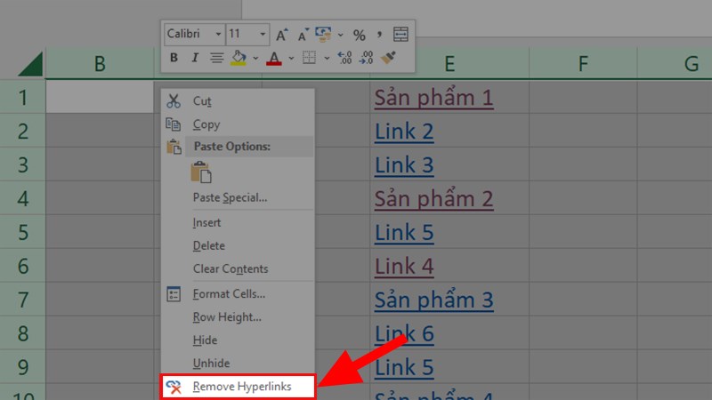 Nhấn chuột phải vào vùng được chọn > Chọn Remove Hyperlinks để xóa toàn bộ link ra khỏi sheet Excel