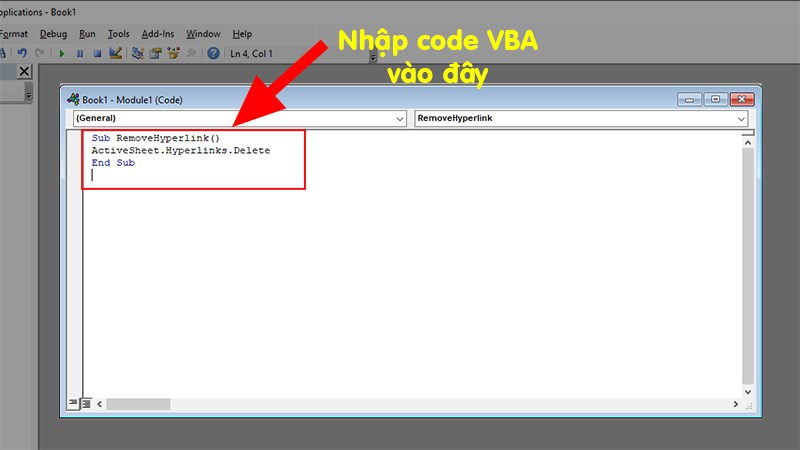 Trên giao diện nhập code hiện ra các bạn nhập mã code VBA vào