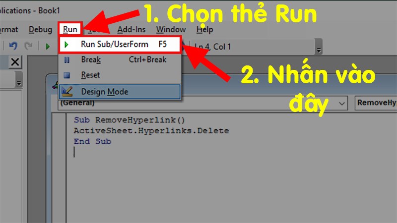 Chọn thẻ Run > Chọn Run Sub/UserForm (hoặc phím F5) để chạy chương trình xóa các link trong Excel
