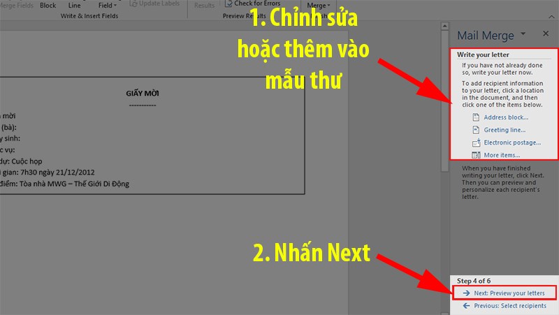 Ở Step 4 Viết thêm hoặc chỉnh sửa những thông tin trong mail merge