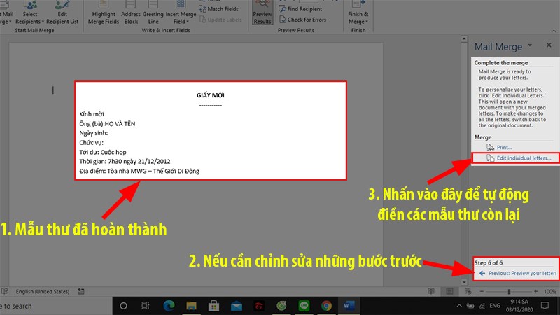 Nhấn vào Edit individual letters... để mail merge tự động điền tất cả dữ liệu 