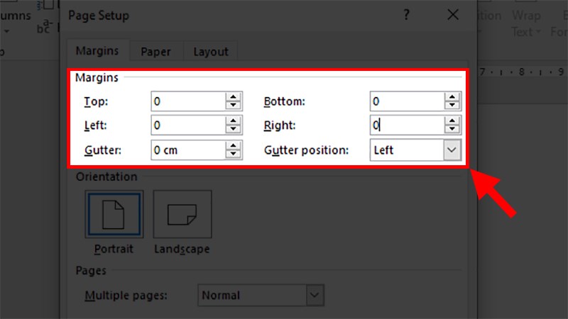 Ở phần Margins thiết lập các mục Top, Left, Bottom, Right, Gutter về 0 cm