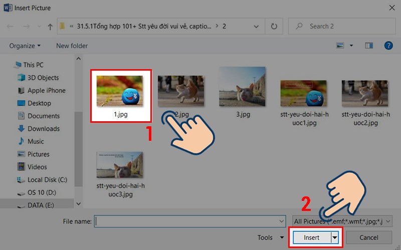 Chọn ảnh muốn thêm và nhấn Insert