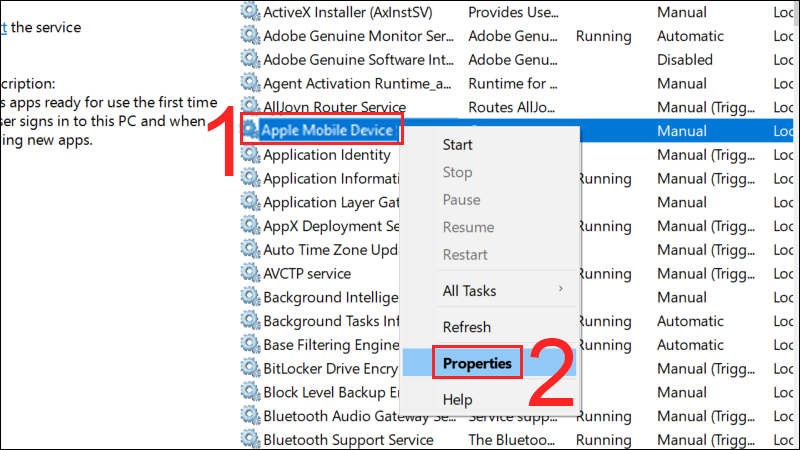 Tìm đến dòng Apple Mobile Device Service (AMDS) 