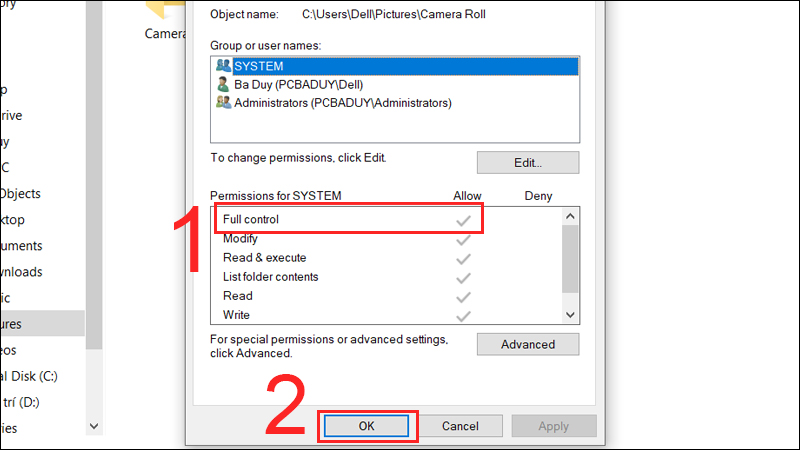 Chọn vào Full control và tích vào Allow 
