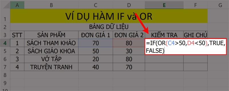 Ví dụ minh họa hàm IF và OR