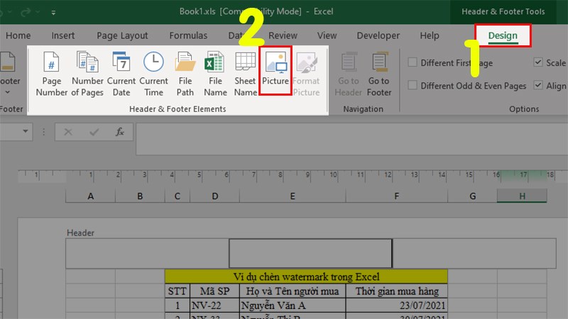 Chọn tab Design > Đi đến phần Header & Footer Elements > Chọn Picture