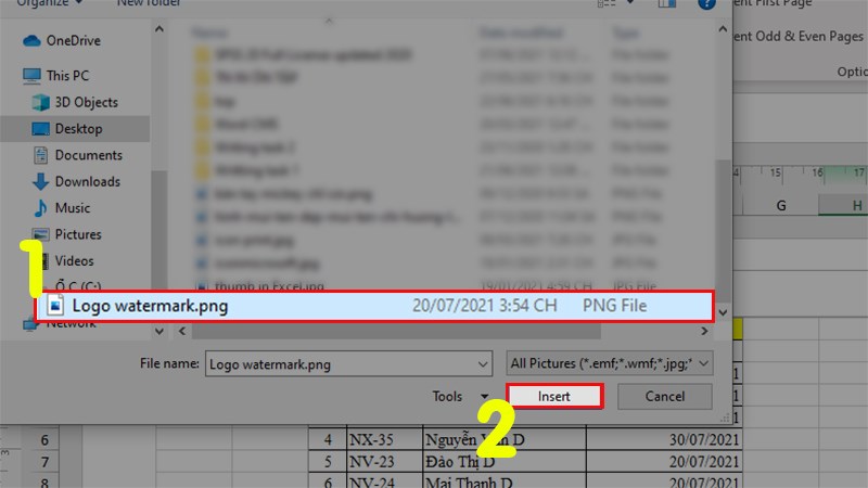 Ở hộp thoại hiện lên > Chọn ảnh bạn muốn chèn làm watermark > Nhấn Insert để chèn ảnh watermark vào Excel.