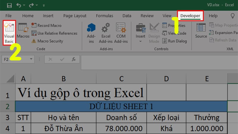 Mở file Excel > Chọn thẻ Developer > Chọn Visual Basic