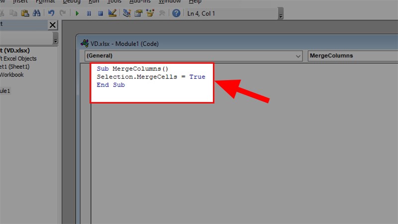 Nhập đoạn code gộp ô