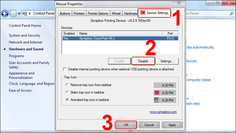 Chọn Device Settings, click chọn Disable và nhấn OK 