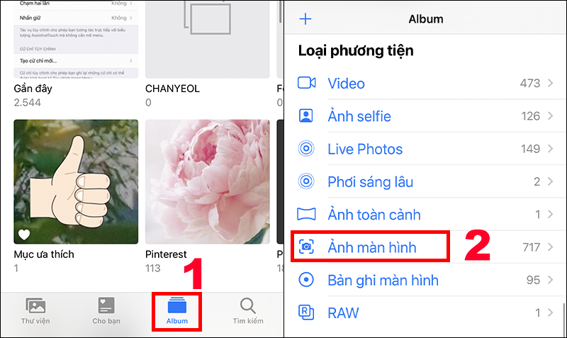 Bạn chọn Album sau đó chọn Ảnh màn hình ở mục Loại phương tiện