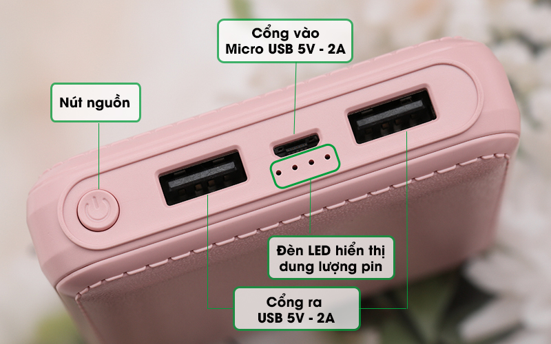 Pin sạc dự phòng AVA DS004 có 4 đèn báo hiệu, mỗi đèn tượng trưng cho 25% pin