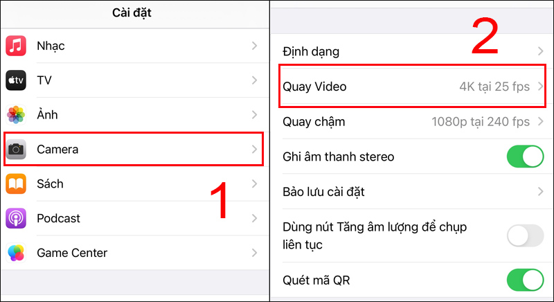 Chọn Camera trong mục Settings (Cài đặt)