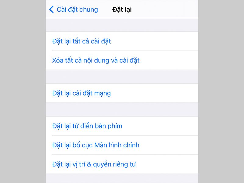 Bạn có thể chọn 1 hoặc nhiều các tùy chọn đặt lại cài đặt iPhone