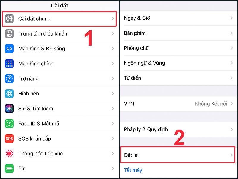 Tìm mục Đặt lại trong phần Cài đặt của iPhone