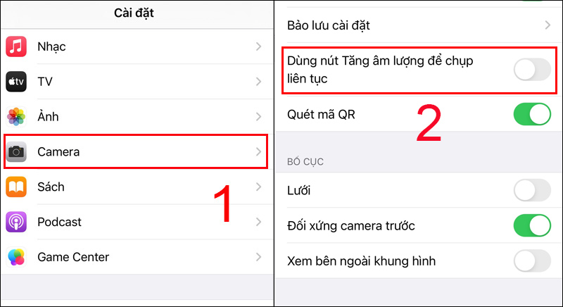 Gạt sang phải để bật Dùng nút Tăng âm lượng để chụp liên tục