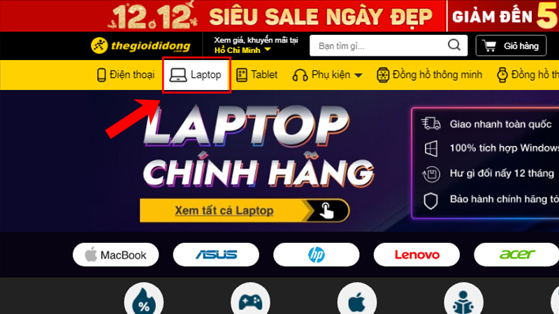 Chọn mục Laptop